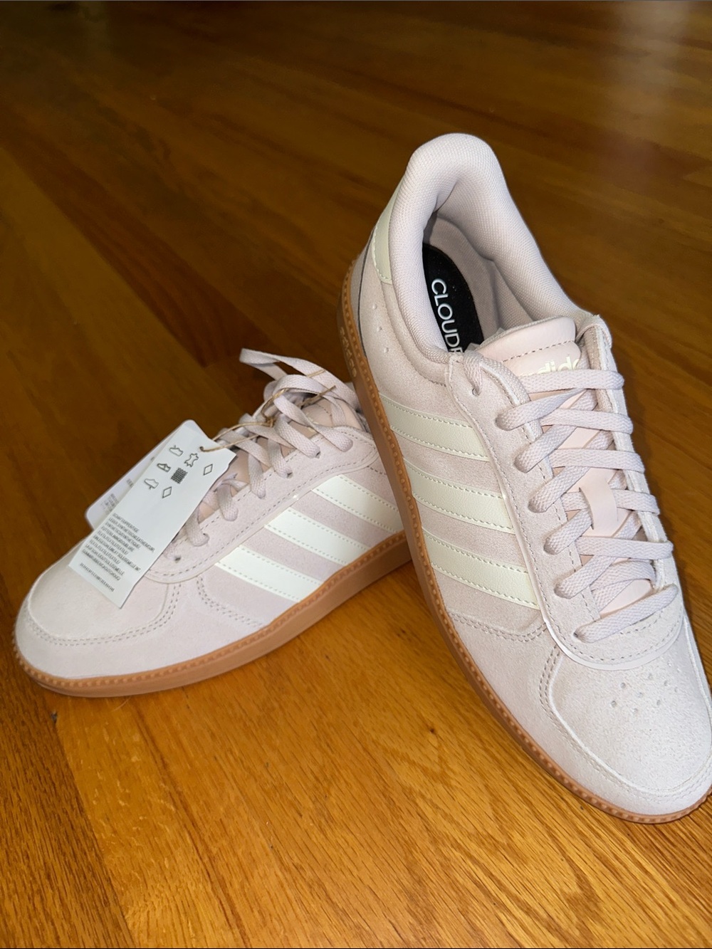 adidas Women’s Pale Pink Suede Sneakers with White Stripes
